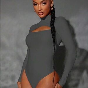SHEIN Charcoal Cutout Long Sleeve Bodysuit